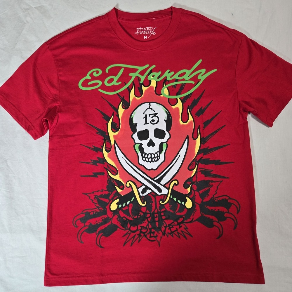 Ed Hardy‎ Tattoo Flame Skull Lucky 13 Tee Red T-Shirt Men's Medium Tee NWOT